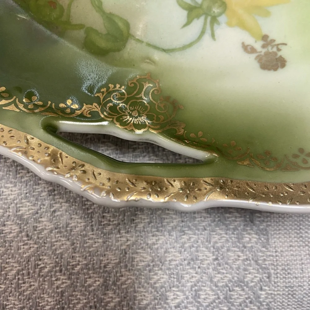 Antique Z.S. & Co Bavaria Hand Painted Green Floral Porcelain Plate Gold Handle